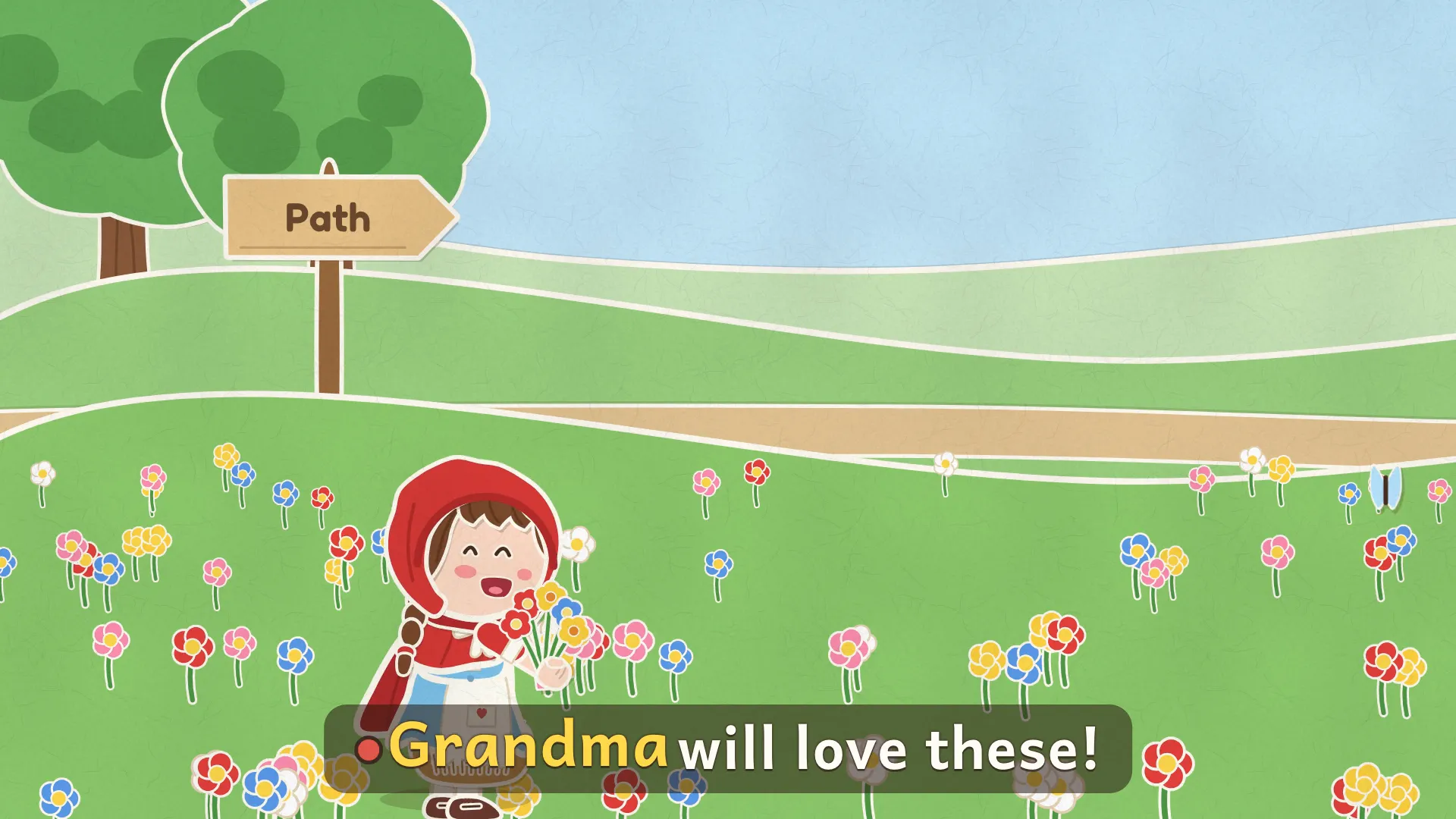A scene from Little Red Riding Hood. The caption says “Grandma will love these!” and the word “Grandma” is lit up in yellow.