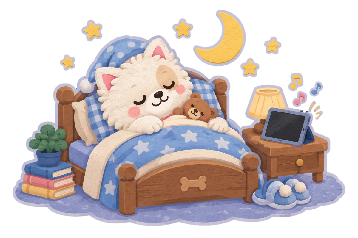 小波狗戴著睡帽睡在小床上，旁邊的平板只放出聲音
